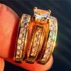 Lyxig riktig solid 14k gul guldfylld ringsats 3-i-1 Bröllopsband Smycken för kvinnor 20ct 7 * 7mm Princess-Cut Topaz Gemstone Rings Finger