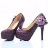 New Style Women Dress Shoes Purple Rhinestone with Rose Flower Bridal Wedding High Heel Shoes Cinderella Prom Pumps Plus Size