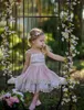 Lace Applique Flower Girl Dresses With Bow Beautiful Tiered Girls Gowns for Wedding Cotton Communion Gowns