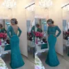 Modern Long Sleeve Lace Mermaid Prom Dress Pearls Off-the-shoulder Sheer Bodice Green Evening Dress vestido formatura curto