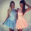 Light Blue Lace Short Prom Dresses High Neck Sleeveless Mini Party Dresses Red Pink 2018 Sexy Short Homecoming Dresses
