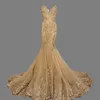 Çarpıcı Mermaid Altın Gelinlik Modelleri Sequins Lace Up Geri Akşam elbise Gerçek Örnek Uzun Parti Elbise