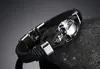 Punk rock masculino preto durável pulseiras de couro gótico crânio manguito pulseira de aço inoxidável esqueleto pulseiras masculinas