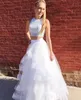 Sparkly Two Piece Prom Dresses Jewel Sleeveless Sequins Beaded Tiered Tulle Ball Gown Navy Blue Dark Red White Prom Dress Sweet 162556617