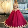 Luxury Deep Sweetheart Neckline Princess Burgundy Tulle Wedding Dresses Gold Appliques Lace Ball Gown Bridal Dresses vestidos de festa