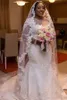 2017 Sereia Vestidos De Casamento Jóia Pura Pescoço 3/4 Mangas Compridas Vestidos De Noiva Com Applique Voltar Coberto Botão Sweep Train Plus Size