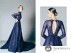 Bleu marine Elie Saab robes de soirée en dentelle robes de bal formelles robes avec une ligne dentelle appliques perles col rond manches longues pas cher 20269L