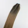 100 gramów 40szt Taśma w ludzkich włosów rozszerzeniach BALAYAGE Ombre Kolor Brązowy Brazilian Virgin Hair Seamless PU skóry wątkową