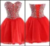 Vestido de festa barato vestido vermelho curto Mini Desgaste Cristais Beading Lace Up Voltar Vestido de lantejoulas mangas pescoço namorada personalizados Doce 15 Dresses