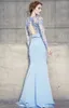 Långärmad Split Aftonklänningar Baklösa Plungande Halsband Lace Applique Pärlor Mermaid Formell Prom Light Light Sky Blue Party Dress
