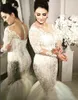 Plus Storlek Bröllopsklänningar Fancy Lace Bridal Gowns With Sleeves Illusion Tiered Mermaid Long Train Dress for Weddings