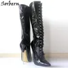 Sorbern 18Cm High Heel Boots Women Lace-up Exotic Fetish Sexy Metal Thin Heel Stretch Lace Up Single Soles Knee-High Boots Plus Size