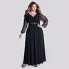 Stylish Plus Size Beaded Evening Dresses With Long Sleeves V Neck Chiffon Evening Gowns A-Line Ankle Length Black Formal Dress