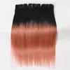 Ombre Hair Extensions Rose gold with dark roots Brazilian Straight Virgin Hair 3Pcs Soft Brazilian Ombre Rose Gold Pink Weave