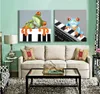 Handmade Cartoon Oil Painting on Canvas Two-Picture Combined Lovers Frogs Playing Piano Draw Wall Art for Baby Room Best Gifts