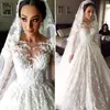 Vintage Dubai Manga Comprida Lace Casamento Vestidos Ilusão Corpete Arábia Saudita Vestido De Casamento Applique Sheer Neck Vestidos De Noiva Personalizar