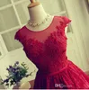 2017 Modest Red Lace Cocktail Dresses Jewel Sheer Neckline Cap Sleeves Short Party Dresses Evening Wear Back Open Hollow Homecoming Dress