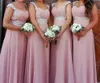 Elegant Sweetheart Chiffon Bridesmaid Dresses Pink Ruched Ärmlös Zipper Backless Long Prom Klänningar 2017 Billiga Bröllop Gästfestklänning