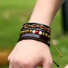 Punk corde Wrap fait à la main en cuir en bois perlé bracelets porte-bonheur ensemble pour femmes hommes Vintage bijoux accessoires