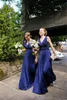 Dark Navy Blue Long Bridesmaid Dresses V-Neck Tiered Ruffle Evening Dresses Back Zipper A-Line Custom Made Formal Party Gowns Billiga Ny