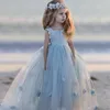 Lovely Baby Blue Princess High Low Girls Dresses Spaghetti Strap Hand Flower First Communion Gown Tulle Pageant Dress for Children 326 326