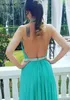Turquoise Party Dress A-Line Beaded Halter Neck Długie Szyfonowe Prom Dresses Sexy Backless Specjalne okazje Suknie