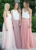 Two Pieces Long Bridesmaid Dresses Spaghetti Silk Like Satin Tulle Floor Length White Pink Country Bridesmaid Gown Beach Wedding Party Dress