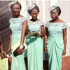 Nigerian African Mint Green Sheath Bridesmaid Dresses Lace Cap Sleeves Sheer Neck Plus Size Maid of Honor Wedding Guest Party Gowns
