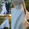 Charme V Cou Sheer Manches Robes De Mariée Satin Une Ligne Haut Bas Robes De Mariée Pays De Mariage Vestidos Sur Mesure