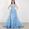 Ljusblå blommig prom klänning med överkjolar spets applique ärmlös tulle långa kvällsklänningar vacker fyrkantig halsring speciell fest klänning