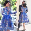 Amazing Tulle Jewel Neckline A-line Homecoming Dresses With Lace Appliques Blue Long Sleeves Cocktail Dresses formal dresses