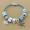 Wholesale- VIOVIA Summer Style Blue Leather Bracelets & Bangles Sea Turtle Star Shell Charm murano glass beads bracelet for women B15180