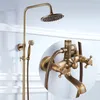 Bathroom Antique Brass Shower Faucet 8''Rainfall Shower Head With Hand Shower Tub Spout Mixer Taps