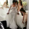 2020 Arabic Luxury Wedding Dresses Mermaid Lace Pearl Beading Illusion Long Sleeves Overskirts Bridal Wedding Gowns Dress Detachable Train