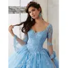 Vestido De fiesta azul cielo De manga larga, Vestidos De quinceañera, cuello en V, apliques De encaje, baile largo, dulce 16, Vestidos De graduación, Vestidos De quinceañera