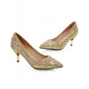 Весна заостренные носинные женские туфли удобный средний каблук золотой блеск блестеет ткань свадебная вечеринка обувь свадебные насосы плюс размер