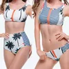 htzyhstore Swimwear Push Up Palmeiras Imprimir ternos de cintura alta Banhando mulheres retro do Zipper maiô Bechwear cintura baixa Bikini Set