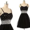 Little Black Short Prom Dress Sweetheart Spaghetti Bandjes Tule Party Jurken Kleurrijke Kristallen Lace-Up Back Homecoming Jassen