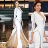 Miss Universe Avondjurken Lange Mouw Illusie Back Beaded Pailletten Ruches Satijn Mouwloze Vrouwen Pageant Jurken Formele Prom Dress
