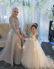 Long Sleeves Ball Gown Flower Girls Dresses Sheer Neck Appliques Bow Girls Pageant Dresses Christening Dresses Children Birthday Party Dress