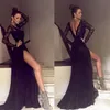 Sexy Black Lace Evening Dresses Deep V Neck Illusion Long Sleeves Backless Prom Party Gowns with High Split Sweep Train Custom Made