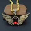 Hip Hop Angel Wings med Big Red Stone Pendant Halsband 4.8 * 8cm 5mm * 76cm Rope Chain Men Kvinnor Iced Out Smycken