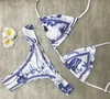 Feminino azul e branco impressão sling thong biquinis conjunto de swimwear de corda trançado para mulheres senhora brasileira verão praia banhos de banho