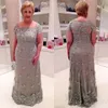 Szary 2017 Matka panny młodej Suknie Scoop Neck Koronki Aplikacja Perły Beading Illusion Long Plus Size Dress Sukienki Ślubne Gościnne