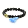 Nuevo diseño al por mayor 10pcs / lot 8mm Natural Black Onyx Stone Beads Blue And Sky Blue Tassel Buddha Head Couple Bracelet