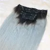 7Pcs 120g Color #1b/Grey 14''-26''Two tone Extensions Ombre Clip in Remy Human Hair Extensions Full Head Ombre Hair Extensions