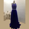 Saoedi-Arabië Royal Blue Prom Dresses Halter Hals Mouwloze Criss-Cross Terug Een lijn Real Simple Crystal Beaded Chiffon Evening Feestjurk