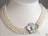3 Rows 7-8mm White freshwater Cultured Pearl Necklace 17"-19" Shell Clasp