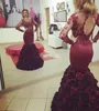 Burgundia Rose Flower Dresses Dresses Długim Rękawem Mermaid Open Back Party Dresses Illusion Neck Lace Cekiny 2017 Pagewant Prom Dress