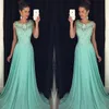 Mint Green Lace Pärled Chiffon Prom Dresses Long New Sexy Scoop Neck Sleeveless Keyhole Hollow Back Evening Clows Formal Pageant D8851731